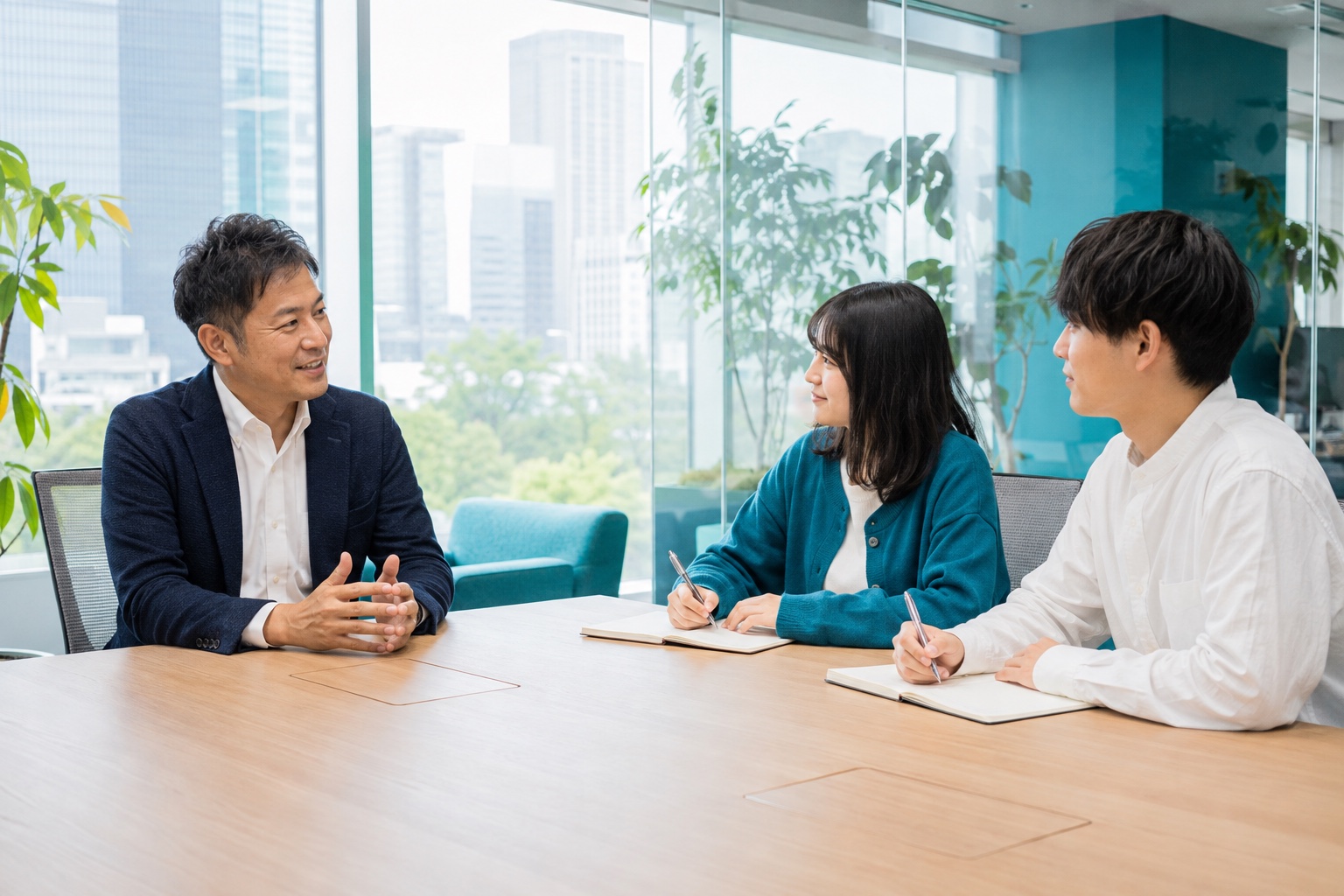 本社オフィスの会議室で、インタビュアーの学生2名と話す高橋社長