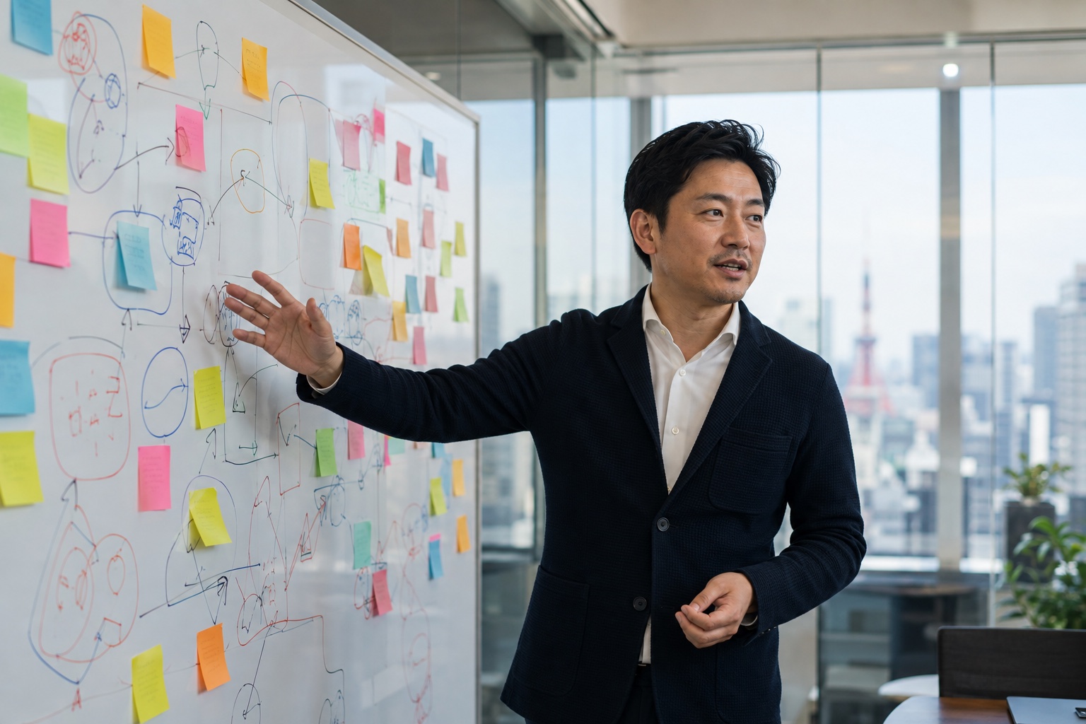 ホワイトボードの前で身振りを交えて語る高橋社長